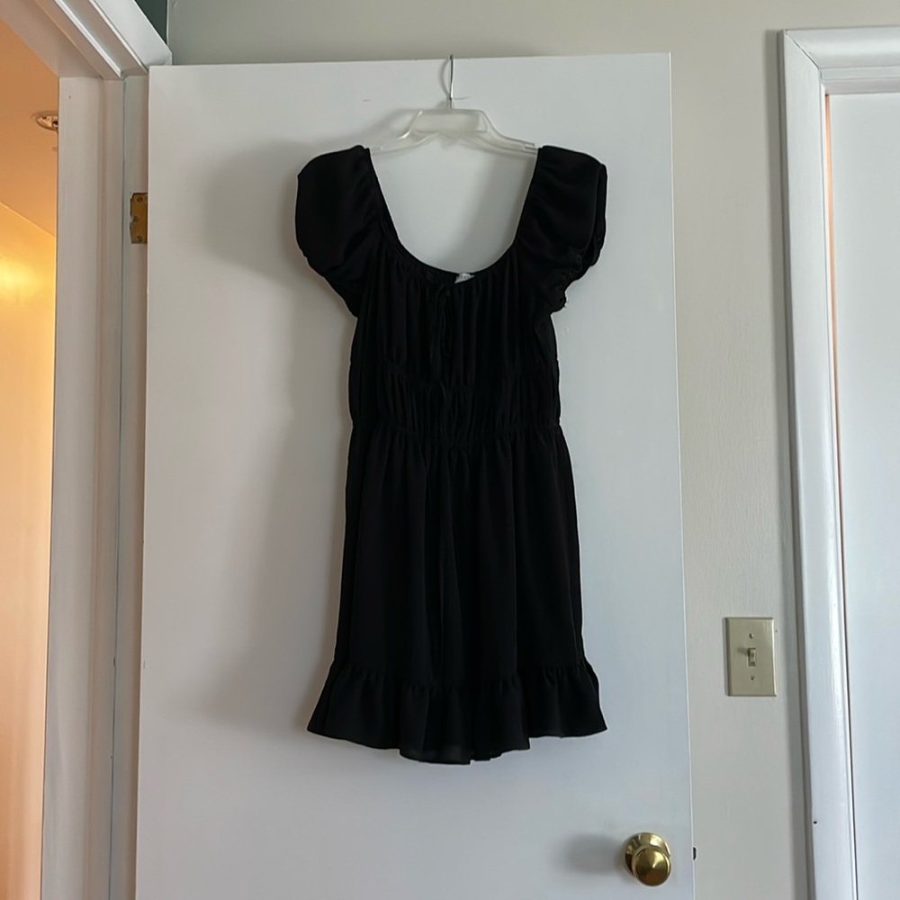 ASOS DESIGN Short Sleeve Mini Dress with Milkmaid Bust and Ruffle Hem in Black
